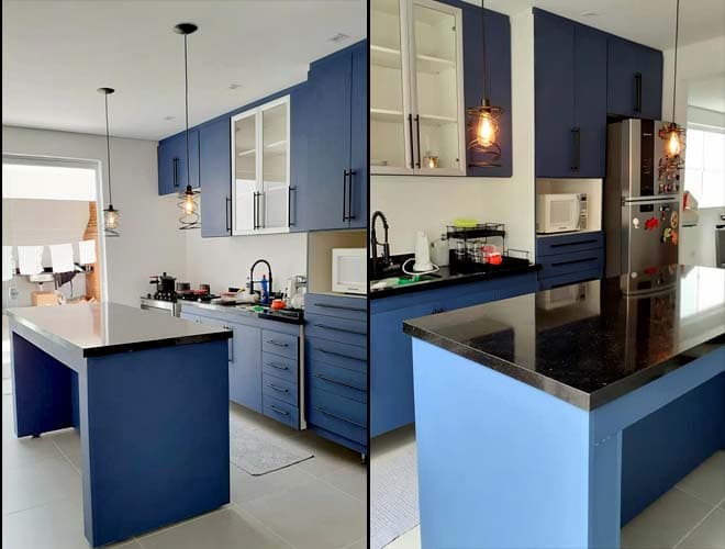 Cozinha planejada azul com ilha, ideal para famílias maiores ou para quem gosta de receber visitas.
